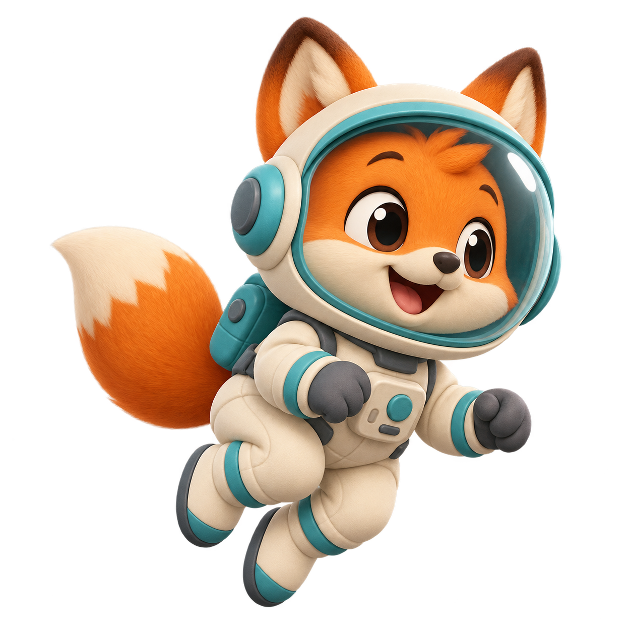 Mithi the fox floating in an astronaut suit